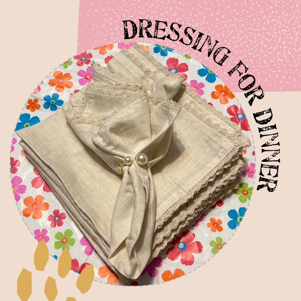 New Set 10 Flax Dinner Napkins with Lace Natural Color & Faux Pearl-Gold Rings